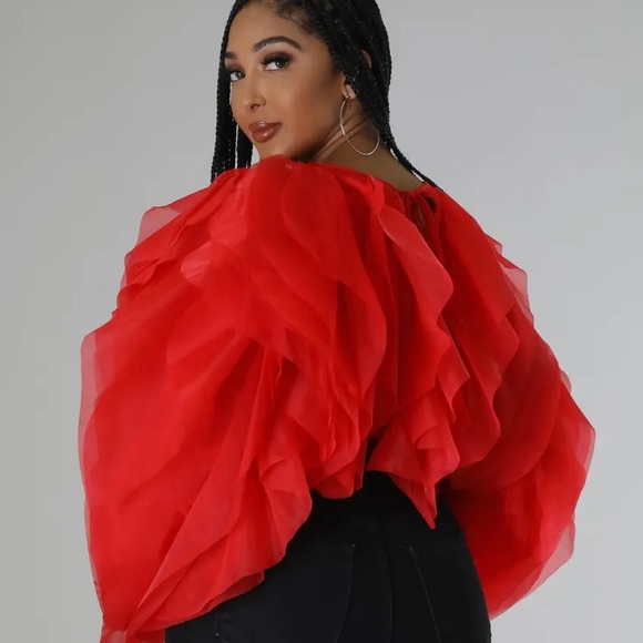 Passion of Essence Tops - PLUS SIZE RUFFLE TULLE CROP TOP BLOUSE  RED